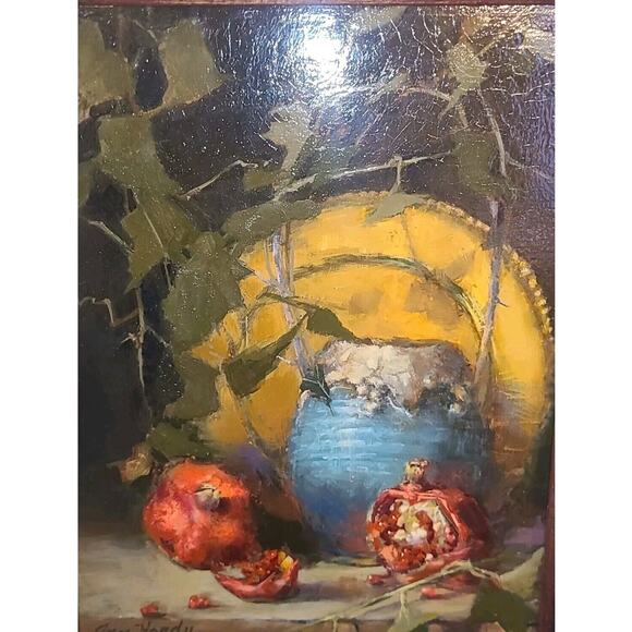Pomegranates "Frannys Jar" Ann Hardy Listed Artist Oil Painting 12"x16" Framed - Picture 6 of 7